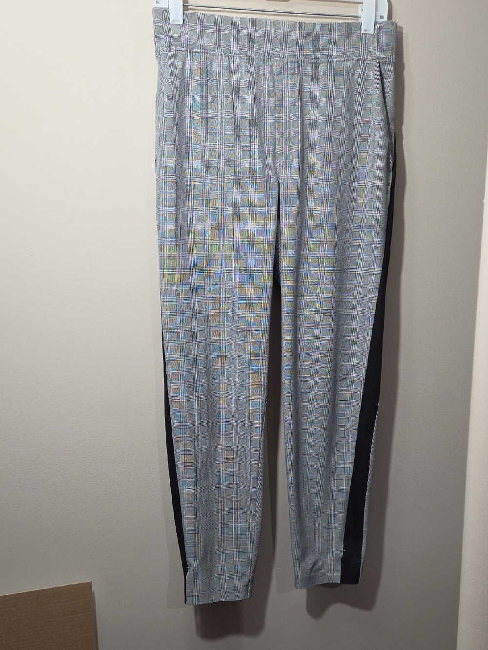 Athleta Grey Glen Plaid Womens Pants with Black Side Stripe.